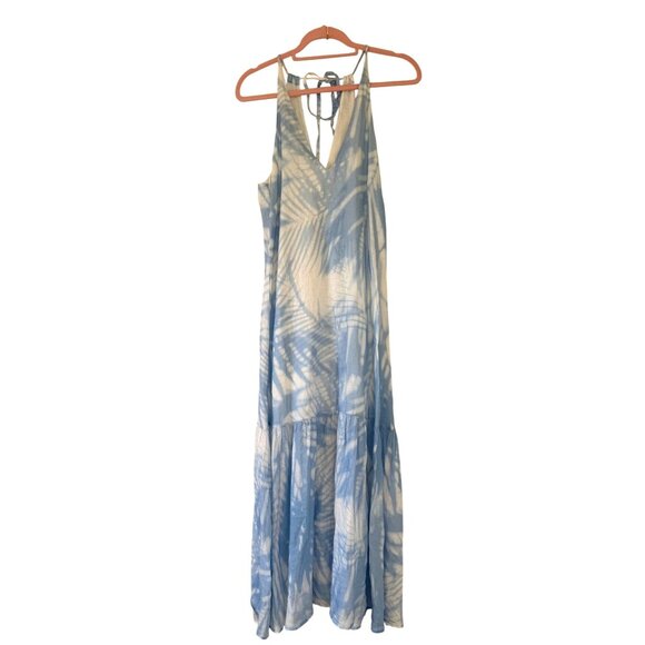 Women's 120%Lino Blue and White Tropical Printed V-Neck Halter Maxi Dress Size M - Picture 1 of 8